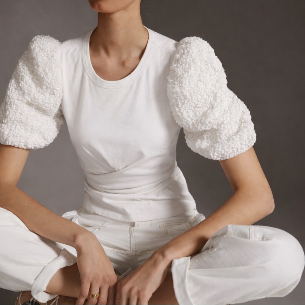 New Anthropologie current air contrast puff sleeves tie top white Medium